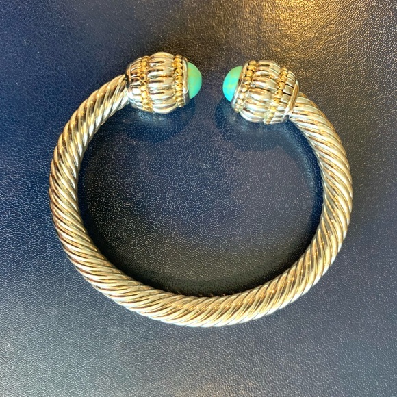 Stunning Rhodium-plated Chrome Cable Bangle with Turquoise Stones - Picture 3 of 6